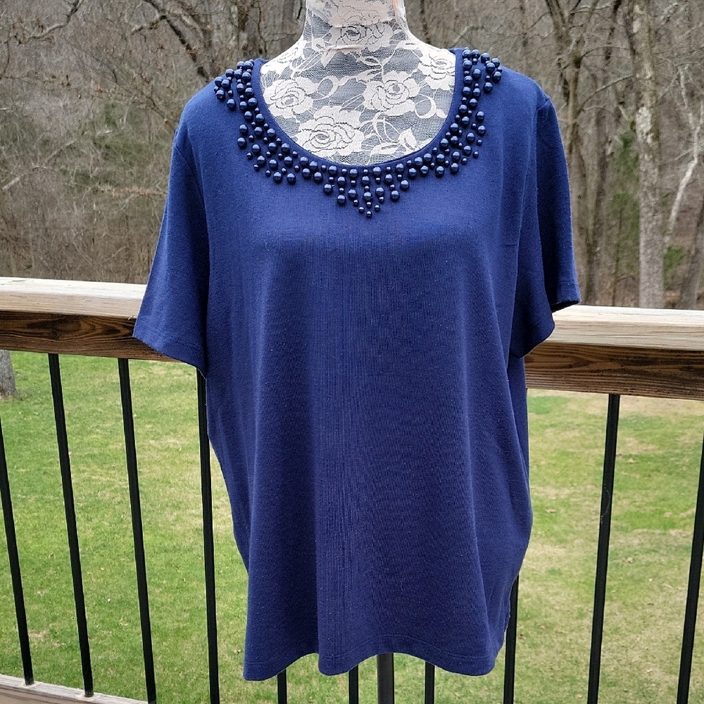 Alfred Dunner Navy Short-Sleeve Top with Beaded Scoop Neck